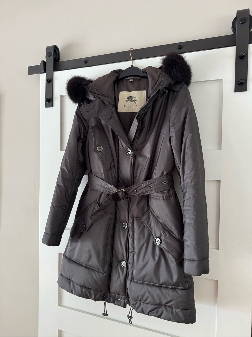 Burberry London Fur Coat Metal Grey With Hood Fur Trim Women’s Size Small